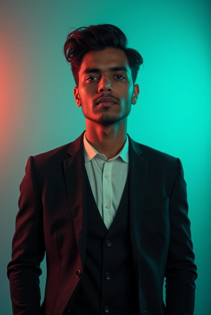 A Bangladeshi young man with dark amry hair and a Diamond face without bread. He is dressed in a black blazer over a white shirt. The man is positioned against aqus colour backdrop with a subtle red lighting on the left side and he posing for Linkedin profile