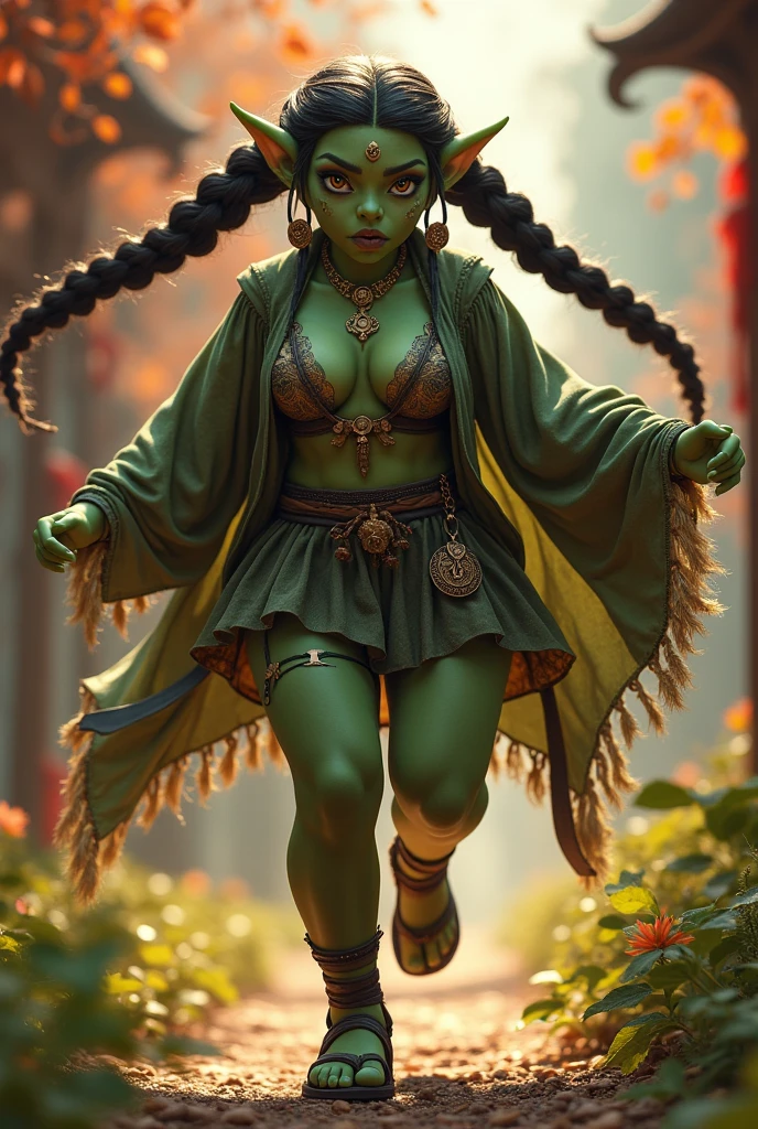 A beautiful orc girl with dark green skin, small tusks, gold eyes, and long black hair in braids and twintails. She is wearing a fantasy kimono with long sleeves and a short skirt, along with ankle wraps, hand wraps, and sandals. The girl has a pouty expression with thick, detailed lips and mascara-enhanced eyes. Her skin is high-quality and translucent, with a busty, chubby figure. She is dancing with a fun, bright theme and ambient lighting, giving off a fantasy vibe. The image is captured with a DSLR camera, resulting in a high-quality, 8K, UHD, film-grain aesthetic.