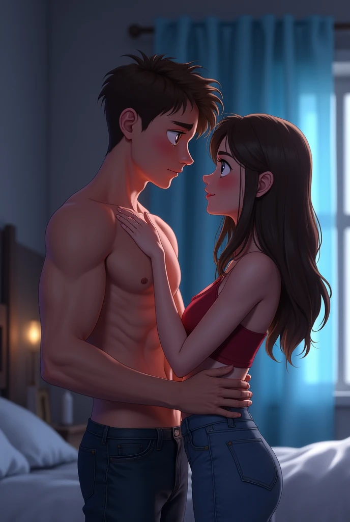  Men&#39;s room background (bed with grey sheets and window with blue curtains), Hazel-eyed, brown-haired boy shirtless about to kiss dark-brown-haired, blue-eyed girl. Both staring at each other and she touching the boy&#39;s arms. 3d animation
 