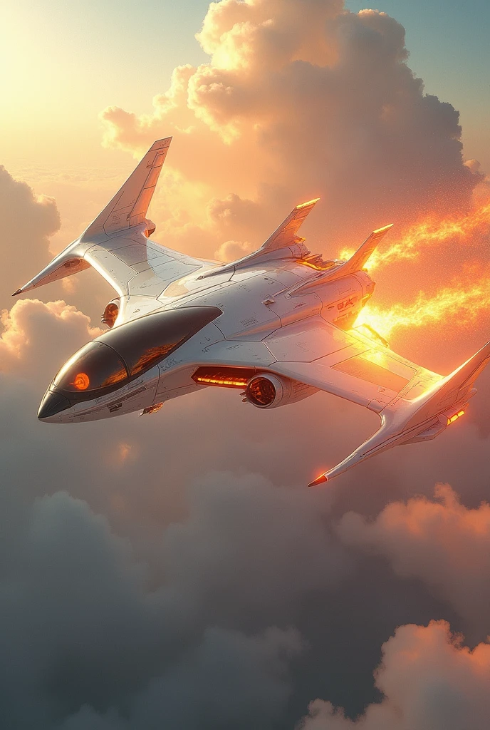 a phoenix airplane macha from white metal, soaring on the sky, metal reflection body, cinematic lighting, spreading the wings and gliding, gliding pose, glowing orange eyes, glowing steel orange wings, glowing steel orange tails, iron claw, bright color, morning glory cloud background, highly detailed, futurism, sci-fi theme fire