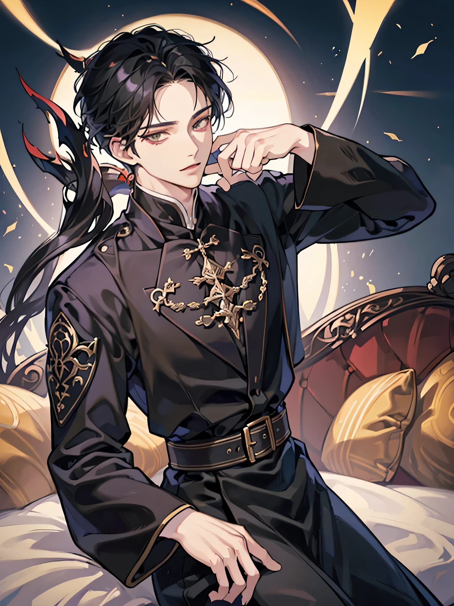Create an image of Jendrel, inspired by Jaehyun from NCT. He is 188 cm tall with a lean, athletic build and sleek, dark black hair styled slightly tousled. Jendrel’s sharp jawline and deep, expressive light brown eyes reflect a sense of mystery. He wears elegant, mysterious black robes that highlight his refined fashion sense. Pose Jendrel in a chilling and relaxed manner, perhaps leaning against a surface or with a confident, nonchalant stance. The image should be in webtoon style, capturing Jendrel's charismatic, enigmatic nature with a K-pop idol-inspired aesthetic.
