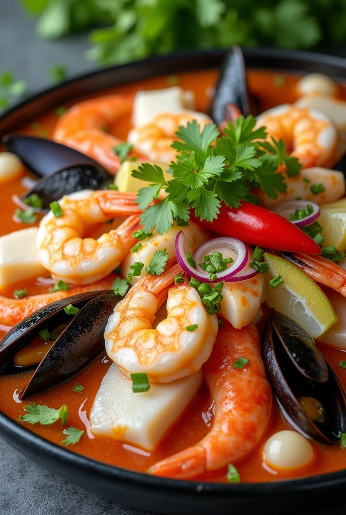 Make me a picture of a Peruvian mixed ceviche in maximum quality
