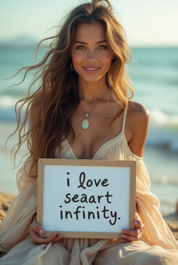 Beautiful girl with wavy long hair, bohemian dress, holding a white board with text "I Love Seaart Infinity" and showing it to the viewer