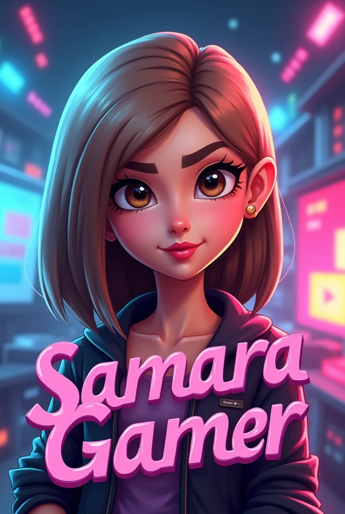 Create a kids logo for a YouTube channel , with an avatar of an imposing woman with straight light brown hair at shoulder length, Oval face,  light brown eyes with pink lips,  and with the name Samara Gamer on a virtual game background like touch mouth without being sensual 