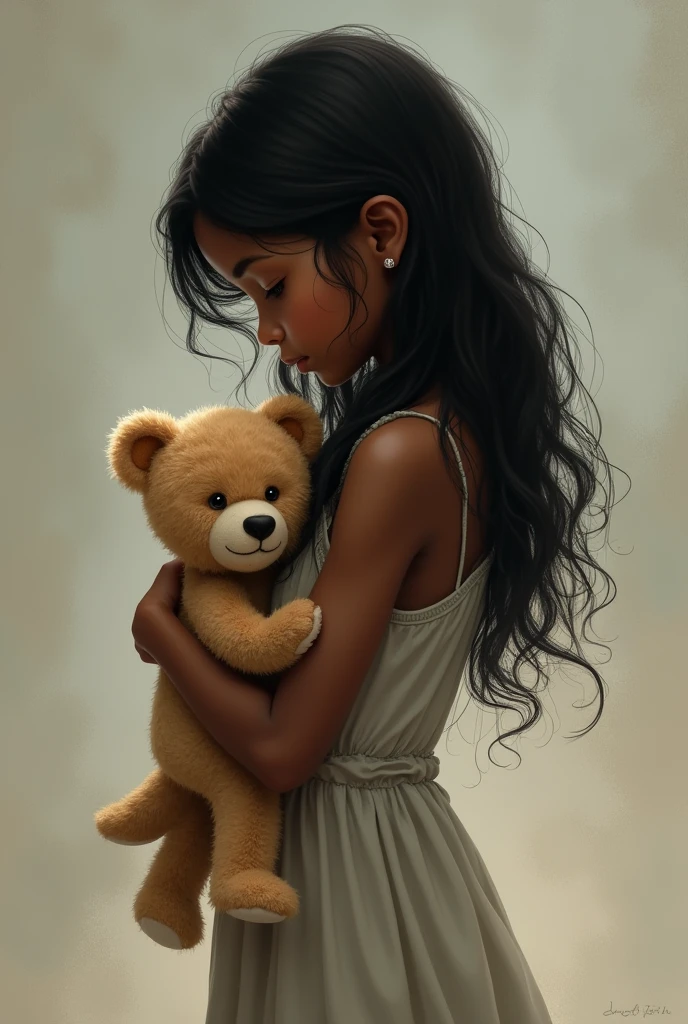A girl about 6 or , with a dress, with a toy bear in his hands next to his legs, in the dress a tear, with some blood bruises on the body, black and white drawing