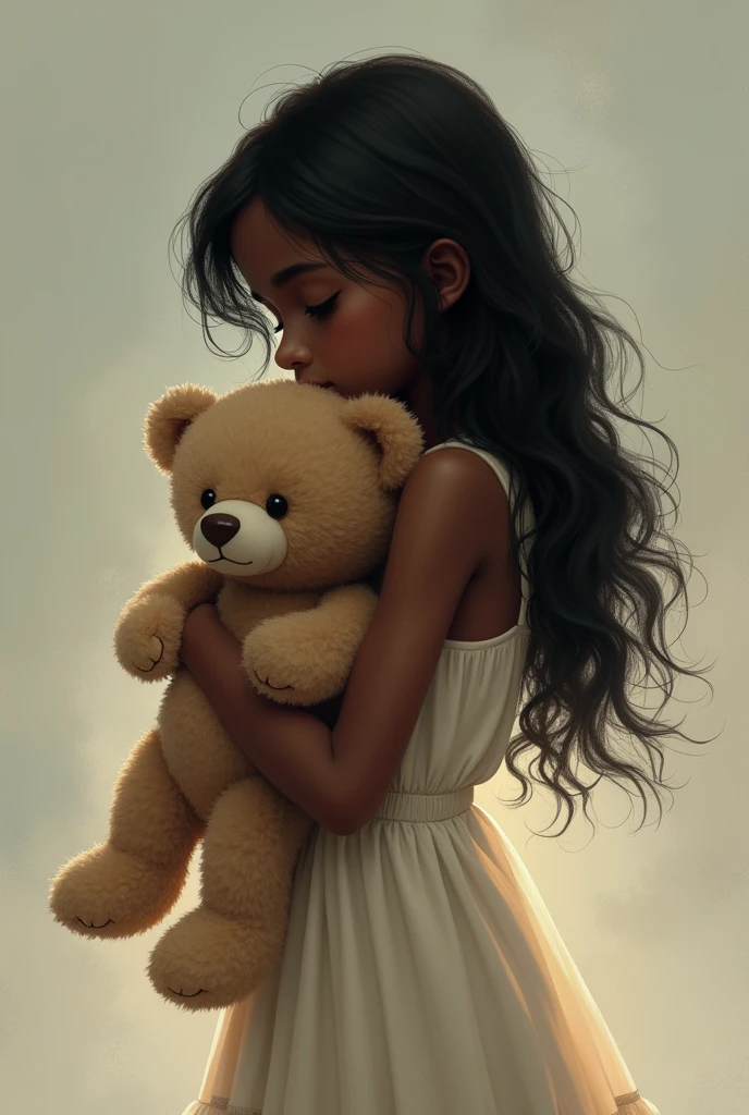 Hello, I need to generate an image of a girl with dark skin and black hair, standing with her back turned holding a teddy bear.
