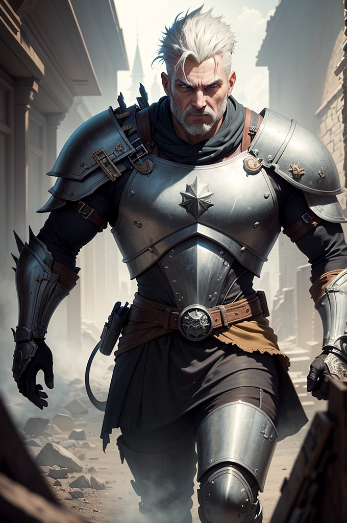 ((Best quality)), ((masterpiece)), ((realistic cartoon)), ((perfect character)):Dynamic pose,grey spiky hair, Eye patch,Senior Soldier,Male,heavy Armor plate, scared face. The scene is set in a thematically rich environment, castle in ruin, battlefield. The lighting, crafted with a cinematic touch, emphasizing aura surrounding the veteran soldier.

Every element of this masterpiece is carefully designed to create a sense of realism and immersion. The intricacies of the  veteran soldier armor, the mesmerizing effects of his power, and the level of detail in his weathered face all contribute to a captivating visual experience. This artwork is presented in stunning UHD resolution, allowing you to appreciate every nuance and intricacy in breathtaking detail.
View from the side, scenic, masterpiece,mtg art,magic the gathering art.
