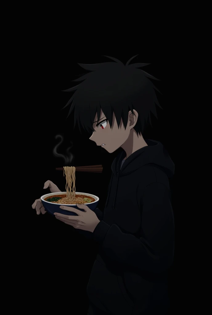 Anime boy , Spiky hair , black hair , black hoodie , red eyes , narrowed eye , eating ramen , with chopstick , blank black background , side view , standing 