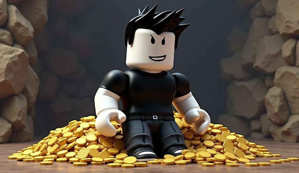 tall square roblox doll with thick body and big hip, with black spiky hair black shirt black jeans black shoes and no lips, white skin, no mouth leaning on a table full of gold coins, cartoon, Vice City GTA, rocky background