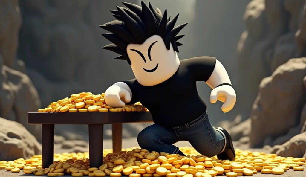 tall square roblox doll with thick body and big hip, with black spiky hair black shirt black jeans black shoes and no lips, white skin, no mouth leaning on a table full of gold coins, cartoon, Vice City GTA, rocky background