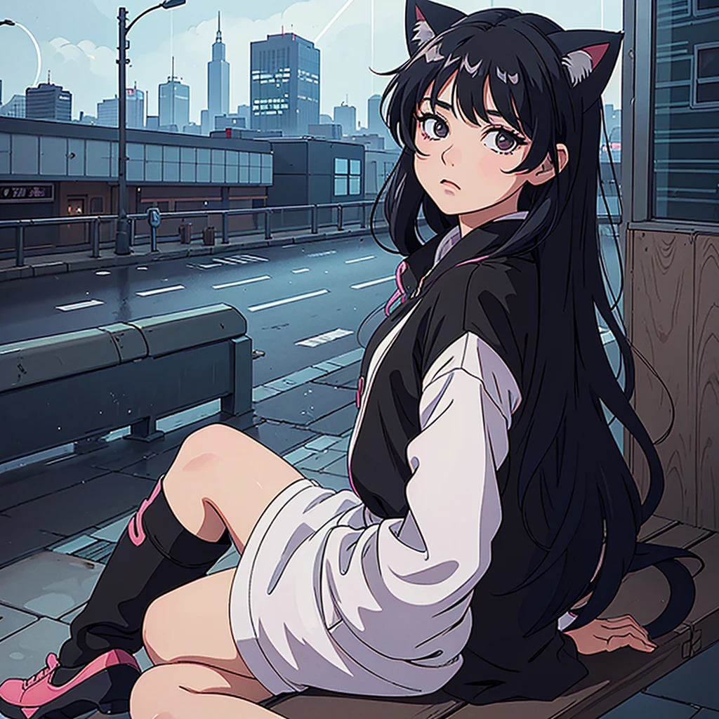 cat girl, with cat ears, short black hair, with rain and relaxing, listening to music, com roupa preta, in a city chuvosa, with black clothes and darker colors, with black clothes and darker colors, with black clothes and darker colors, darker colors in the drawing. in a city, in a city, with more details and vibrant colors, anime style 4k, estilo anime mixed with fujifilm, lofi portoRait, lofi girl com olhos bonitos, a quiet place, with plenty of detail in the city in the background, 8 0 s anime vibe, 90s anime aesthetics, 90s anime style, 90's anime style, 90s anime art style, lofi girl, 80s anime art style, 80s Anime Style, 1980's anime style