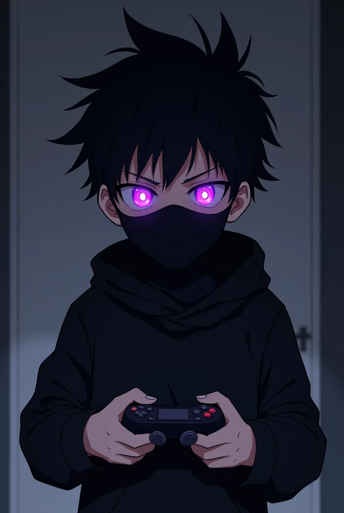 1 boy with purple glowing eyes and slightly spiky hair with an evil and intimidating look with a black sweatshirt and a black mask covering his nose and mouth , very intimidating , he's holding a video game controller, 2D Anime , resolution 1280 x 720 .