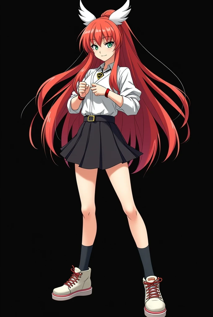 A full body image of an child, personagem do anime "JUJUTSU KAİSEN", she is very beautiful, with long, straight, fire-colored hair with two white streaks highlighted in the front, framing your face. ella tem olhos verde-azulado e a pele pálida. she is a Wiccan, she is in fighting pose. she wears a pentagram necklace, tight skirt, beautiful women's high-top shoes and ¾-long socks. ella | drawn with animation by Gege Akutami. black backdrop.