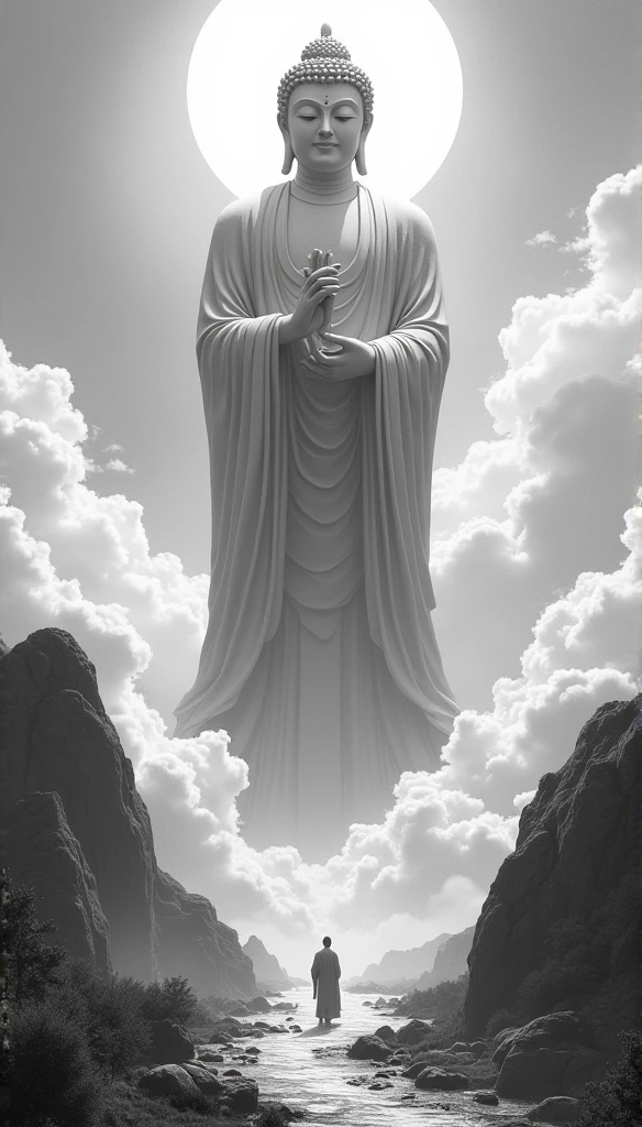 ((masterpiece)),(最high quality)),Chinese style,In the sky, Clouds form a giant statue of Maitreya Buddha,Gazing at Earth,Standing Buddha statue,The light shines,Glow effect,Pilgrims' Path,Ultra-realistic,Ultra-photorealism,real photography,8k,High resolution,high quality,Masterpieces,Ultra-fine,Chinese black and white ink style,(((White))),Decolorization,Dirt,ink,8k,Ultra-fine,high quality,(((OC Renderer)))