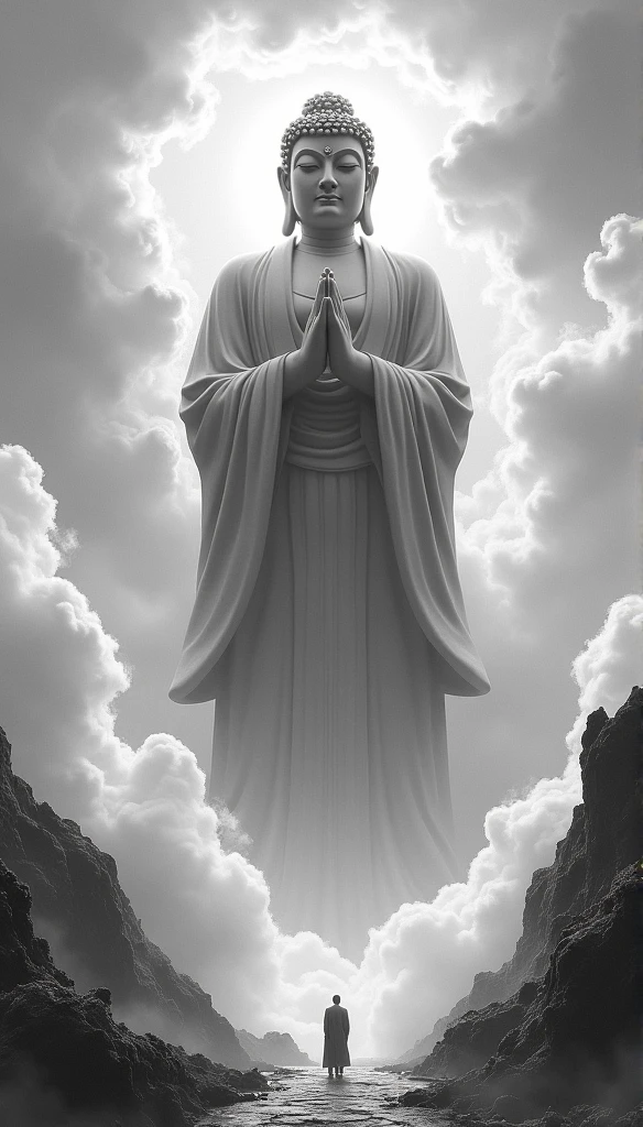 ((masterpiece)),(最high quality)),Chinese style,In the sky, Clouds form a giant statue of Maitreya Buddha,Gazing at Earth,Standing Buddha statue,The light shines,Glow effect,Pilgrims' Path,Ultra-realistic,Ultra-photorealism,real photography,8k,High resolution,high quality,Masterpieces,Ultra-fine,Chinese black and white ink style,(((White))),Decolorization,Dirt,ink,8k,Ultra-fine,high quality,(((OC Renderer)))