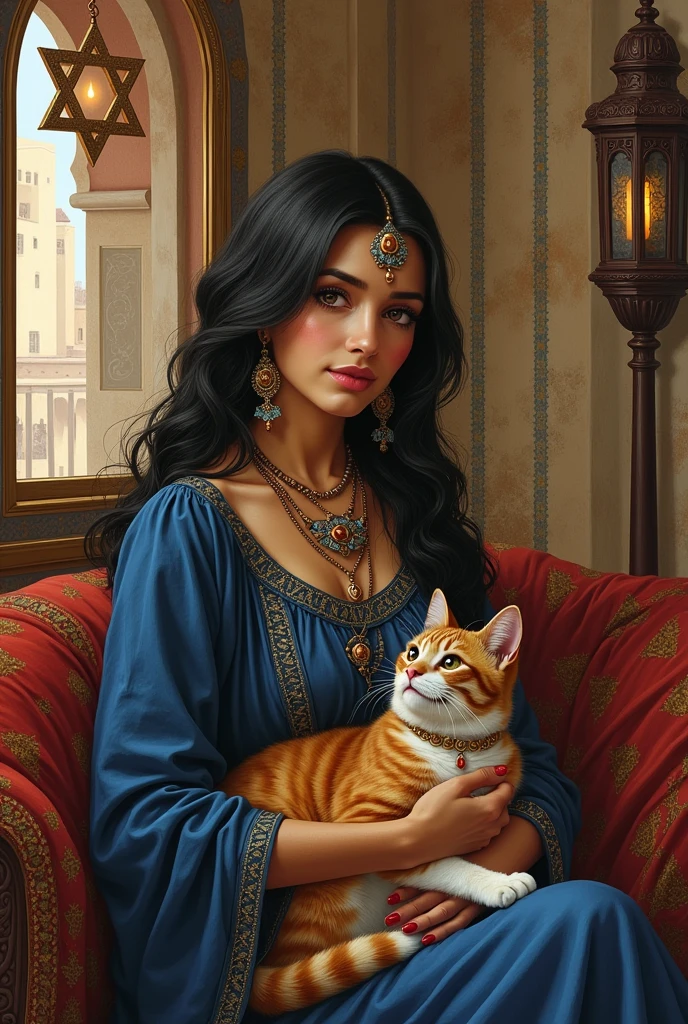 A female Sephardic Jew with a Star of David in a Moroccan apartment, stroking a cat. drawn