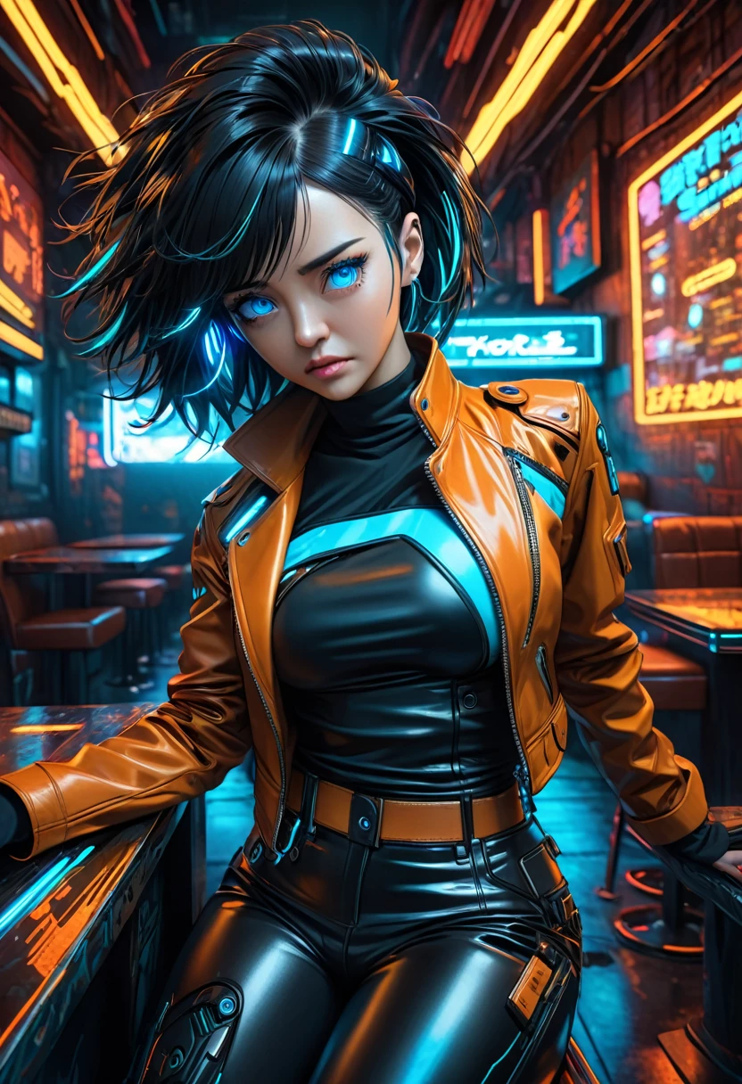 illustration, detailed illustration, ultra detailed, dynamic angle, cyberpunk, 40 year old woman, black hair, hair with cyan streaks, mismatched eyes, cybernetic eye, blue eye, lean, medium breasts, black leather top, orange leather jacket, tired expression, cowboy shot, dark bar interior, dark environment