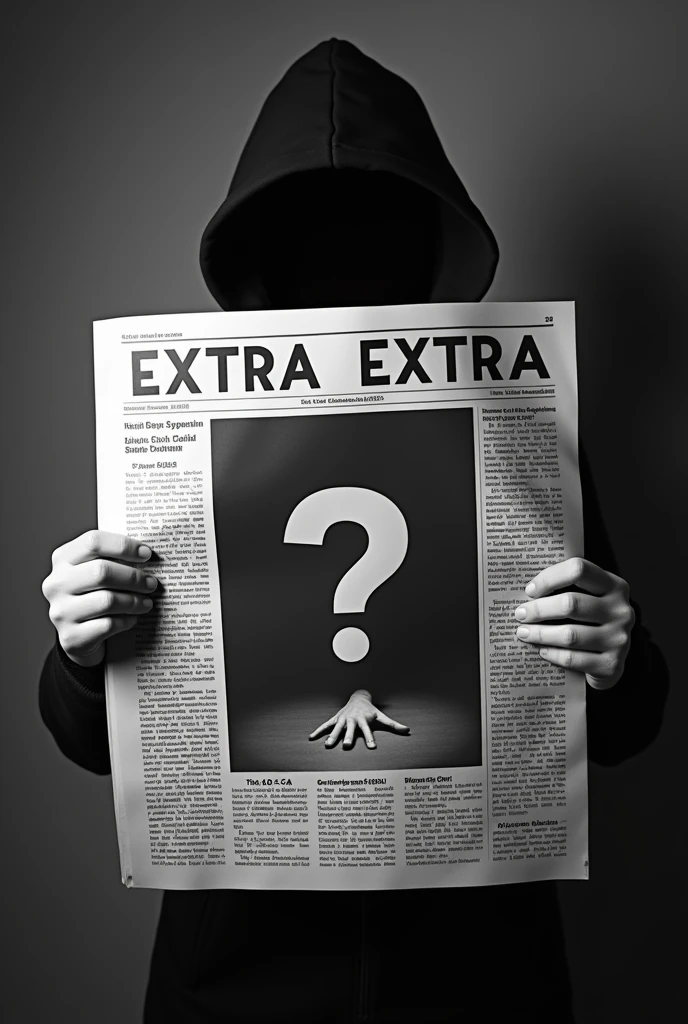 crea un periódico en blanco y negro donde el Titulo principal de la portada diga "Extra Extra" and the cover is a question mark with a hand lying on the floor that generates mystery and the title below it says "q.p.c.c" And a person is holding that newspaper but covering his face