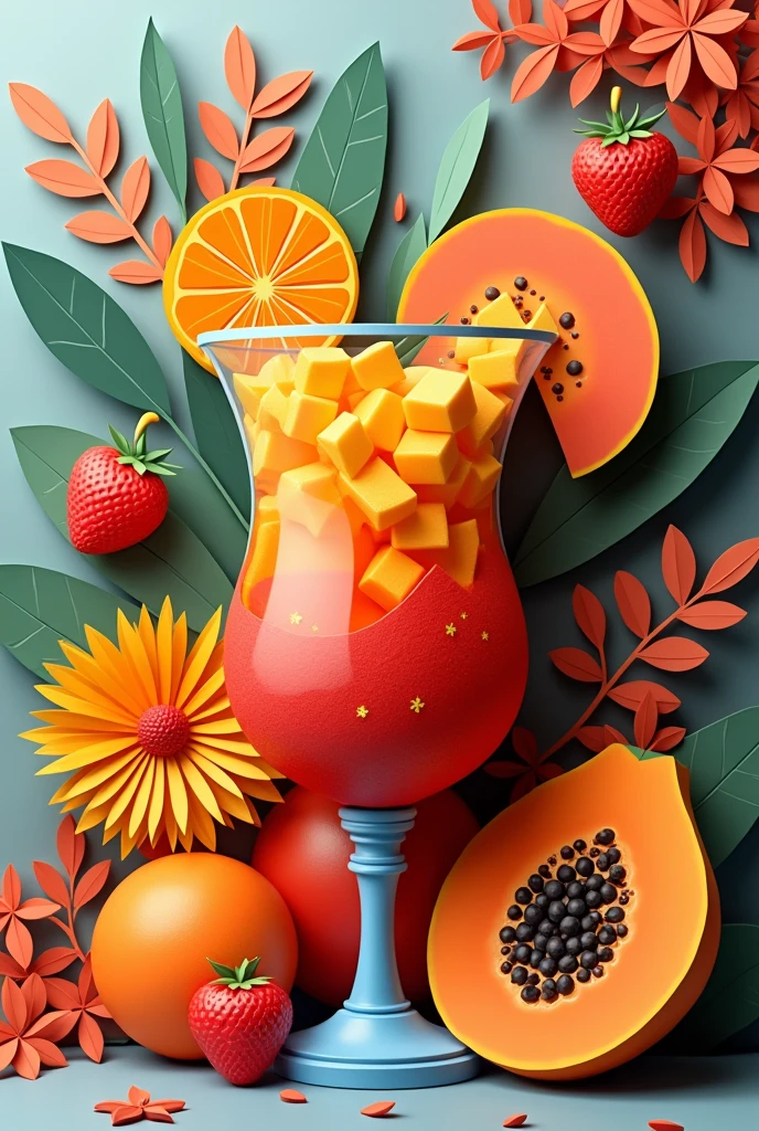 Fruit cocktail with papaya pieces,  masterpiece, all in three dimensional paper art、(Almond Shapes);1.9、(Three-dimensional paper-cut art.、colorful):1.9
