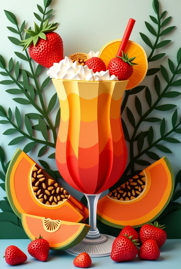 Fruit cocktail with papaya pieces,  masterpiece, all in three dimensional paper art、(Almond Shapes);1.9、(Three-dimensional paper-cut art.、colorful):1.9
