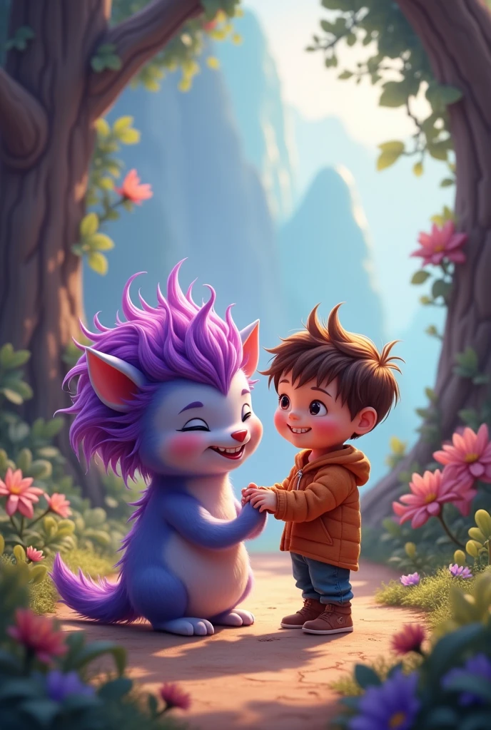 Cute little hero is nice to purple haired monster