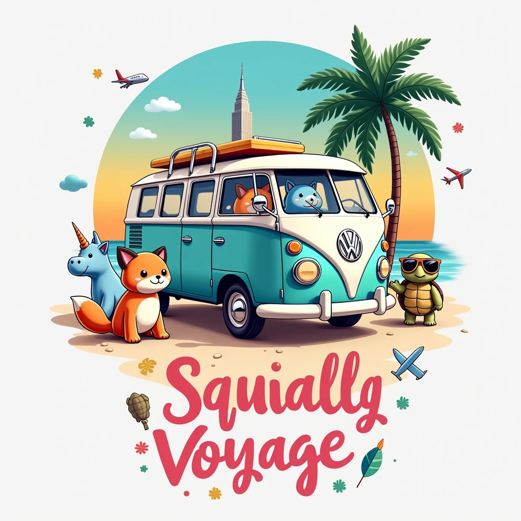 "Create a highly realistic 3D detailed digital painting style illustration, with good layout and design features. A imagem deve ser ((glad)), with good contrast, fine and delicate strokes, cute and fun, intended for the public . The illustration features three polaroid-style photos, each showing a Squishmallows in different situations during a trip. Squishmallows look like teddy bears: in the first photo, um Squishmallows raposa laranja glad tirando uma foto em frente a um famoso ponto turístico; In the second photo, a blue unicorn Squishmallows with big round eyes carrying a suitcase at an airport; and in the third photo, um Squishmallows tartaruga glad usando óculos de sol enquanto relaxa em uma praia tropical. The photos are random, portraying different places and travel situations. The art, Em geral, presents a distribution that resembles shirt prints, avoiding a rectangular shape. Below this scene, there is text that says 'Bon Voyage' in a stylized font that suggests a vibe of adventure and exploration. The font color transitions from pink at the top to yellow at the bottom, imitating a sunset. This image evokes nostalgia for travel and adventure, symbolizing freedom and leisure." add icons like map, plane , compass. and leave the background white