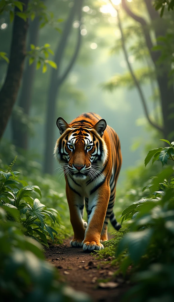 Majestic tiger walking slowly through a dense tropical jungle, rays of light penetrating the leaves and illuminating their stripes, atmosphere of power and mystery, photography realistic, lente 70-200mm f/2.8 focusing on the detailed stripes and the soft light around, --ar 16:9 --v 5