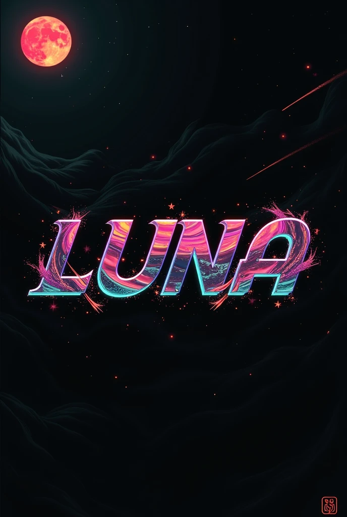 High resolution, logo spelling swiftly “Luna” cool, Jdm theme, anime theme, Cyberpunk vibe name spelling, brand logo, logo for tshirt, brand logo “LUNA”, neon vibes, acid trip vibes, acid trip, shooting stars, acid trip inside “LUNA”, acid trip, hallucinations inside “LUNA”, Waves of hallucinations, splash, waves of futuristic hallucinations, futuristic wave, stars in the background, red strange moon, waves of despair, black,  waves of blue water, splash of despair, 