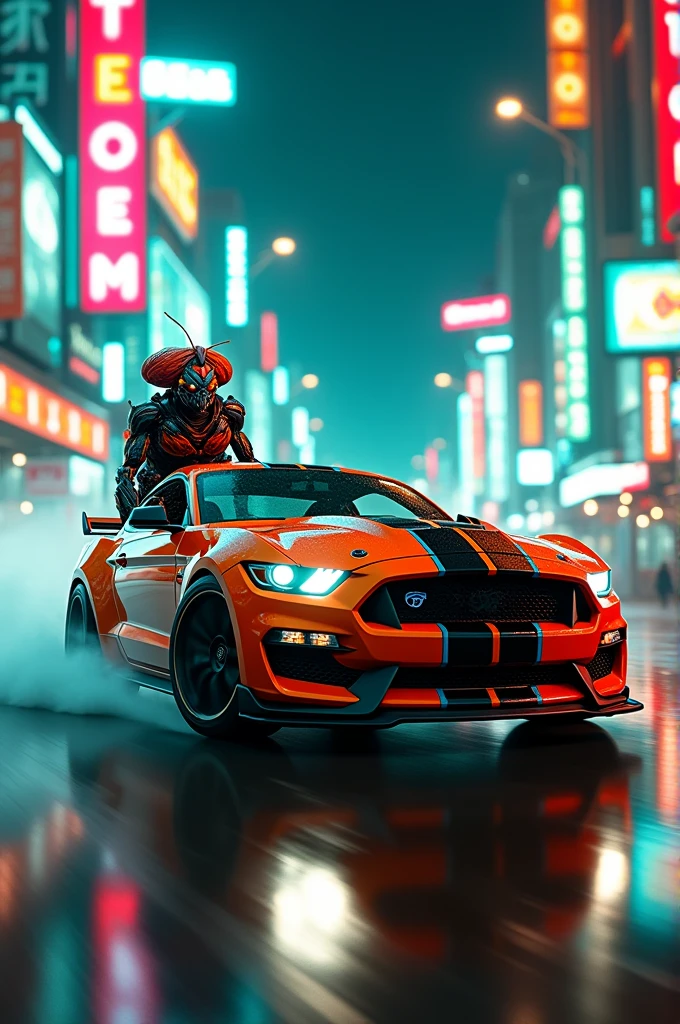 Gt 350 in neon city with teal, orange, blue neon lights riding by a ant in transformer outfit with turban