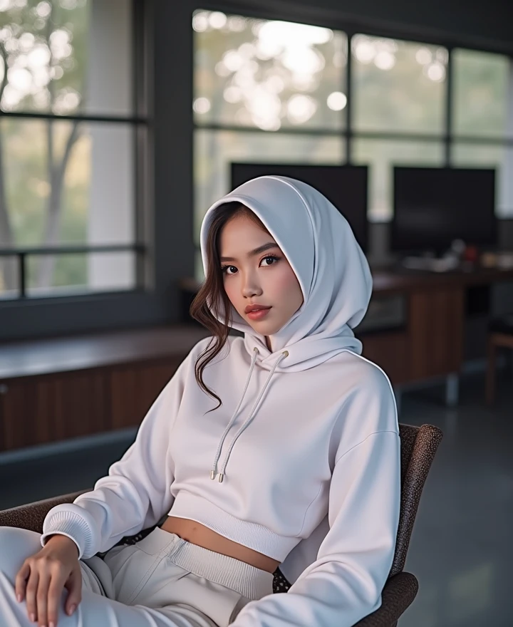 a beautiful young indonesian woman, 20 years old, detailed face, double eyelids, big eyes, wearing white hijab and sweater, sitting in chair, looking at viewer, realistic, white skinned, plump lips, makeup, lipstick, indoors, breasts, photo background, long sleeves, hood up, (best quality,8k,masterpiece:1.3),full body,focus clear:1.2,outstanding style:1.4,slender abs:1.2,(black hair,big:1.2),highly detailed face and skin texture,detailed eyes