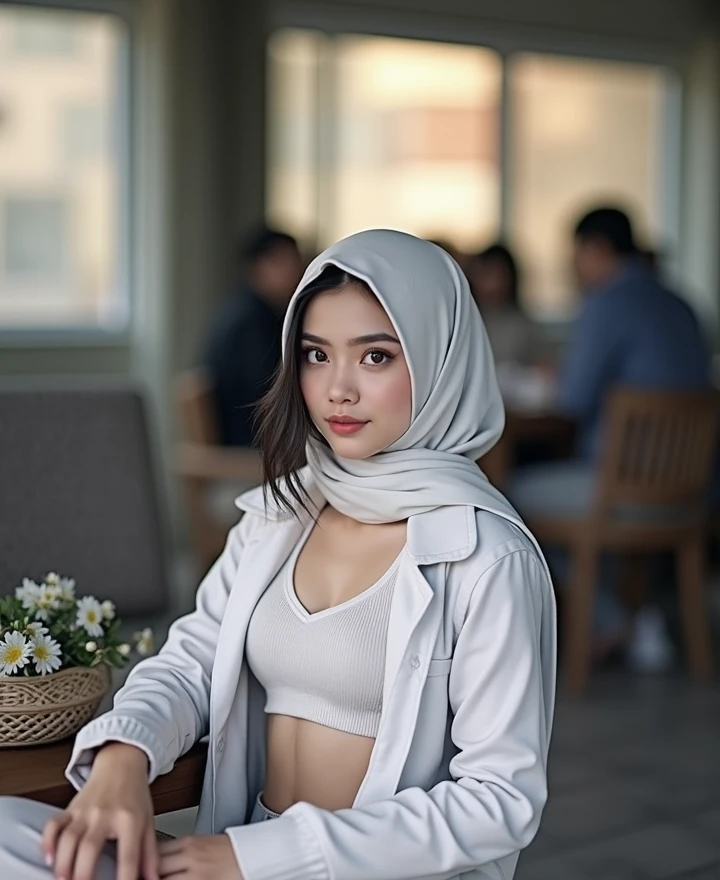a beautiful young indonesian woman, 20 years old, detailed face, double eyelids, big eyes, wearing white hijab and sweater, sitting in chair, looking at viewer, realistic, white skinned, plump lips, makeup, lipstick, indoors, breasts, photo background, long sleeves, hood up, (best quality,8k,masterpiece:1.3),full body,focus clear:1.2,outstanding style:1.4,slender abs:1.2,(black hair,big:1.2),highly detailed face and skin texture,detailed eyes