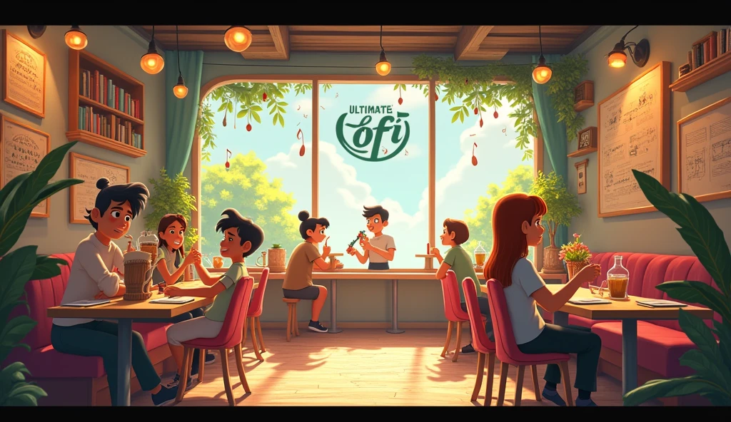 An animated cafe interior with music notes floating around, featuring a relaxing atmosphere. Text reads "Ultimate Lofi Experience!"