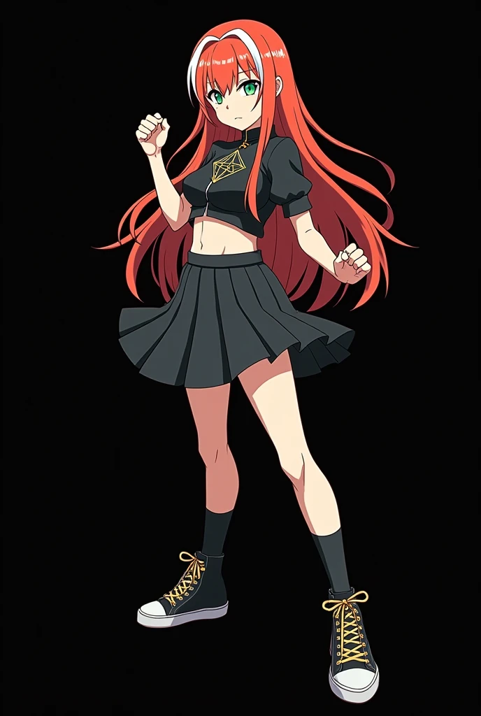 A full body image of a child , personagem do anime "dragonball z", she is very beautiful, with long, straight, fire-colored hair with two white streaks highlighted in the front, framing your face. She has blue-green eyes and pale skin.. she is a Wiccan, she is in fighting pose. she wears a pentagram necklace, croped, glued skirt, beautiful women&#39;s high-top shoes and ¾-long socks, she holds a nail hammer and small nails. It is drawn with Akira Toryama&#39;s animation. black backdrop.