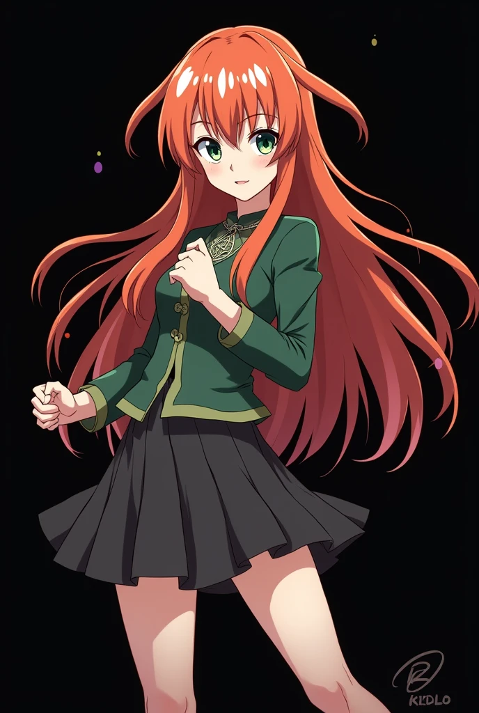 A full body image of an  , personagem do anime "JUJUTSU KAİSEN", she is very beautiful, with long, straight, fire-colored hair with two white streaks highlighted in the front, framing your face. ella tem olhos verde-azulado e a pele pálida. she is a Wiccan, she is in fighting pose. she wears a pentagram necklace, tight skirt, beautiful women&#39;s high-top shoes and ¾-long socks. ella | drawn with animation by Gege Akutami. black backdrop.