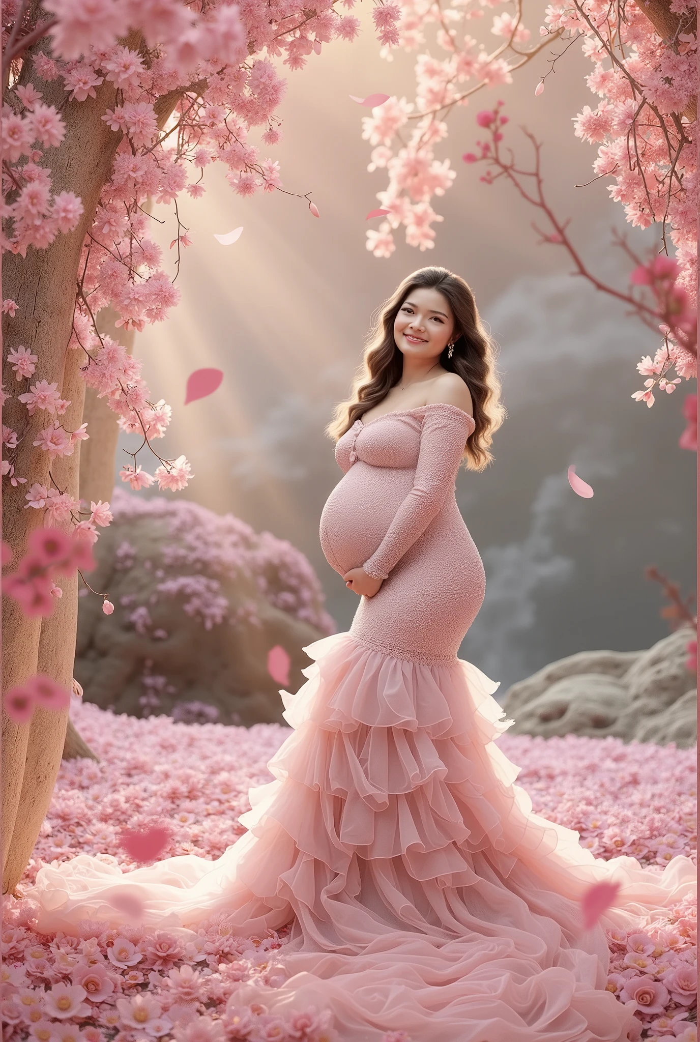A beautiful and ethereal woman, her long hair adorned with flowers, her pregnancy glowing with life. A caring midwife attends to her, as the dark background is accented with vibrant blooms. Hyper-realistic full-color illustration, (best quality,4k,8k,highres,masterpiece:1.2),ultra-detailed,(realistic,photorealistic,photo-realistic:1.37),beautiful woman, pregnant woman, flowers in hair, long hair, midwife, dark background, floral accents, hyper-realistic, full color, vibrant colors, detailed portrait, intricate details