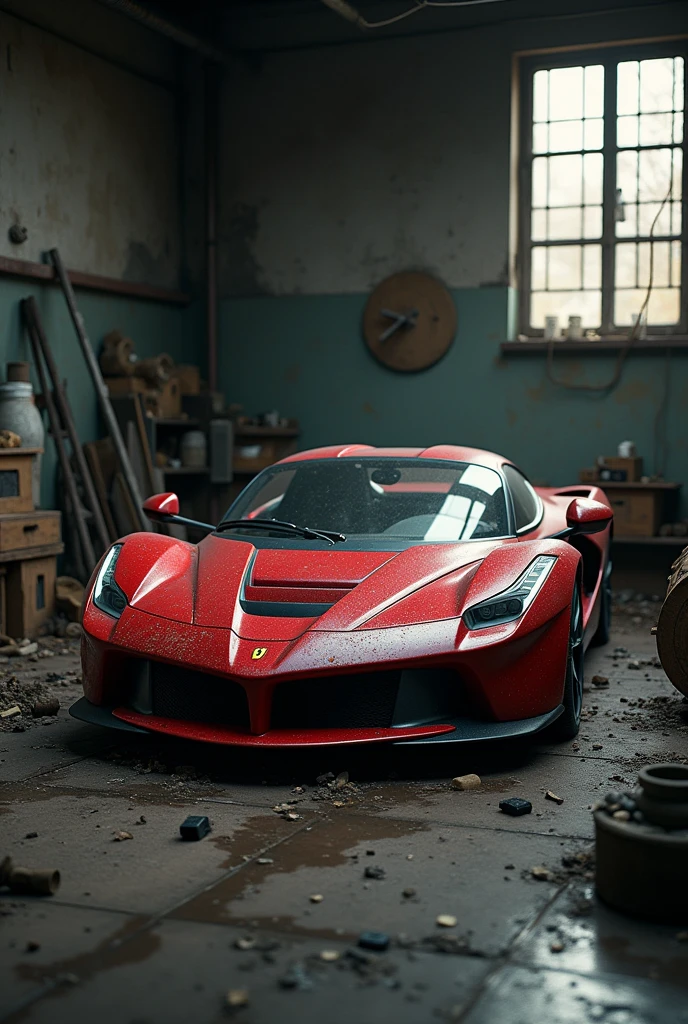 A very realistic image of a 2023 model Ferrari Tornado stored in a very dirty garage without much sunlight and the car also quite dusty and dirty
