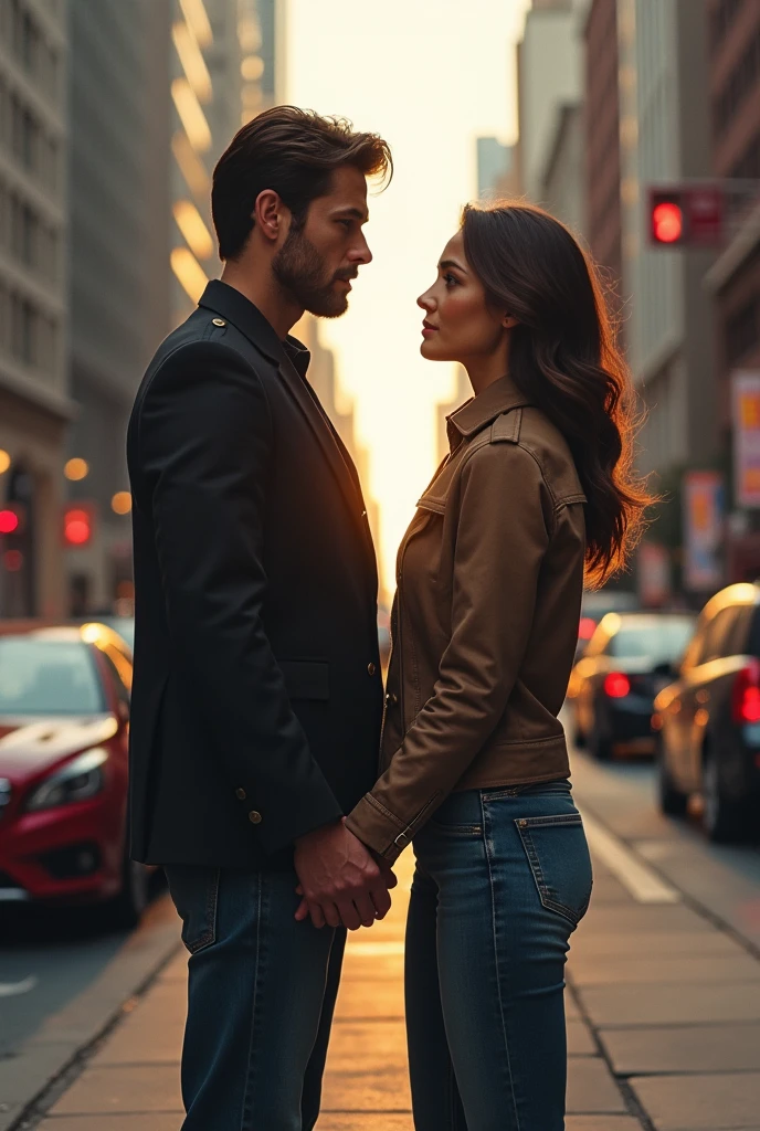 A man and woman (Resembling Gal Gadot) standing on a sidewalk facing the road, holding hands and giving each other a look as they wait to cross the road. The busy city around them fades into the background, with their connection being the focal point of the scene, capturing a fleeting yet powerful moment. Realistic Image