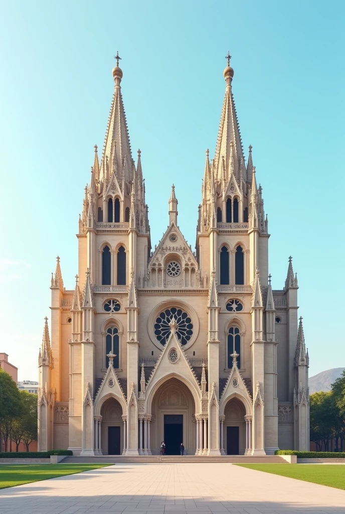 Create an image that has dimensions 1080 x 1080 of a monument in Spain, the Cathedral of Palma de Mallorca and León, where the ground can be seen and the monument can be seen from the front with a light blue gradient.