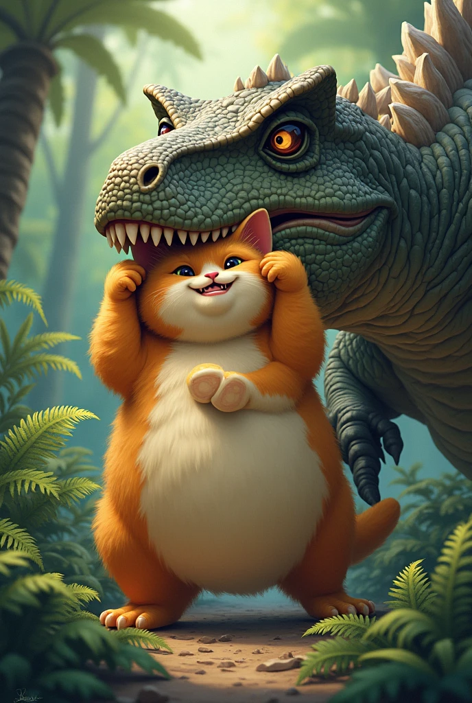 A chubby cat killed a dinosour and pulled up on head