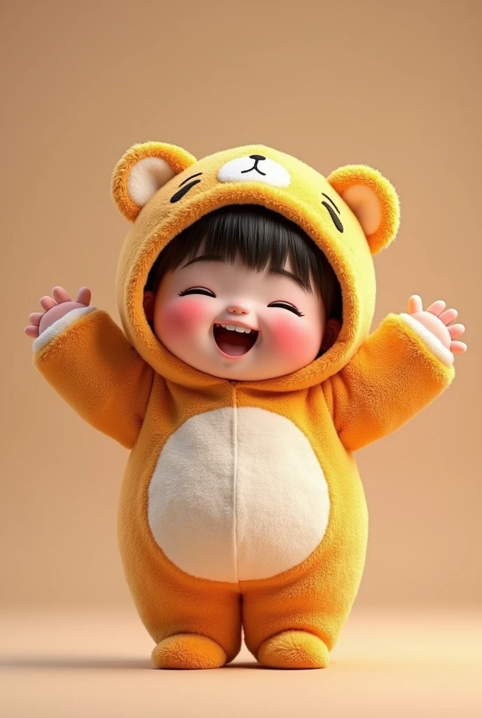 (girl),(()) ,3d images ,Highest quality 8K ,Chubby body shape,((Very fat)),Pink cheeks,podgy,Good mood,((lift)),((Salute)),((Raise your arms)),Put on a stuffed animal costume,Balanced lighting,blurred background,Middle of the picture