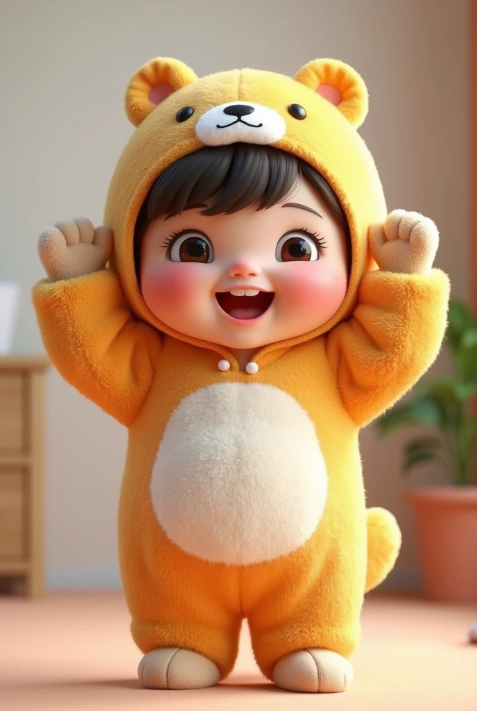 (girl),(()) ,3d images ,Highest quality 8K ,Chubby body shape,((Very fat)),Pink cheeks,podgy,Good mood,((lift)),((Salute)),((Raise your arms)),Put on a stuffed animal costume,Balanced lighting,blurred background,Middle of the picture