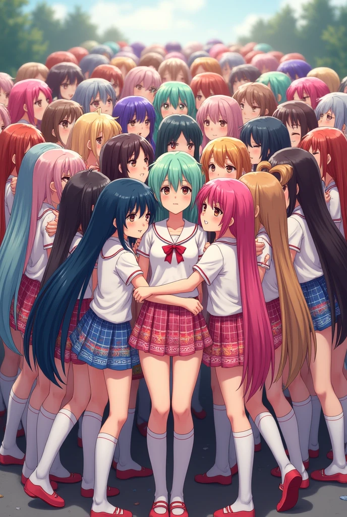 7,500 animated beauties with 2-meter long hair wearing colorful very very very very short patterned skirts and colorful very very long patterned socks with colorful big heart-shaped patterned hirajuku, taking a group photo while holding each other very close together, smiling slightly and facing forward.