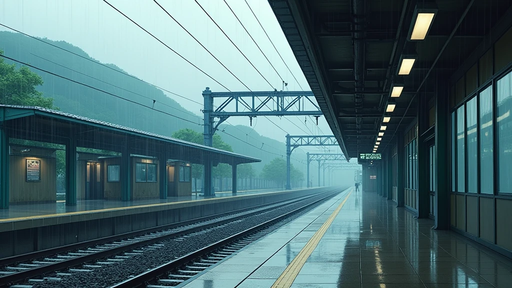 japanese train station, no people, rain, day, In the style of Makoto Shinkai。master piece, ultra detail, precision, ultra-realistic,