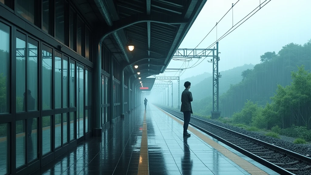 japanese train station, no people, rain, day, In the style of Makoto Shinkai。master piece, ultra detail, precision, ultra-realistic,