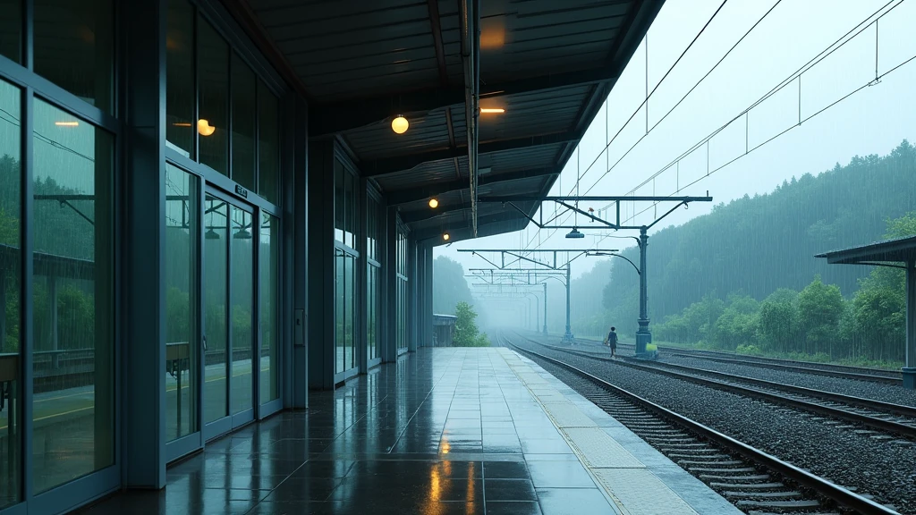 japanese train station, no people, rain, day, In the style of Makoto Shinkai。master piece, ultra detail, precision, ultra-realistic,