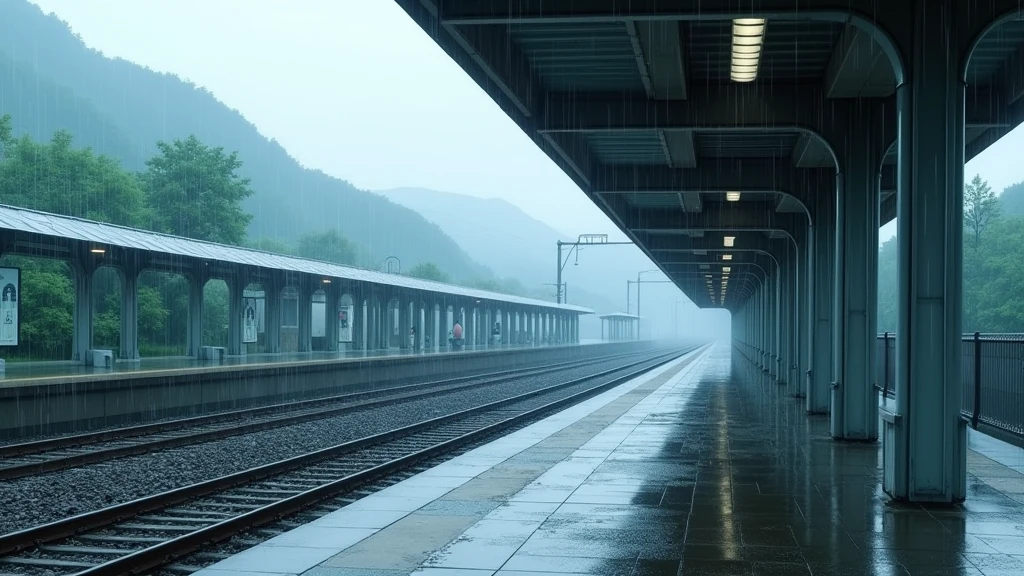   japanese train station, no people, rain, day, In the style of Makoto Shinkai。master piece, ultra detail, precision, ultra-realistic,
