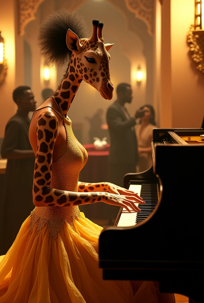 Giraffe lady in golden dress plays piano, Wayne England (Wayne England) Portrait, cg Social Hotspot, Arabesque, Vibrant jazz piano portrait, Portrait of Sophie Mulder, pianist, Beautiful woman, 美女盖尔·加朵的photo, 盖尔·加朵Portrait, Zoe Kravitz, Ashteroth, Sharing photo, photo, Sharing photo