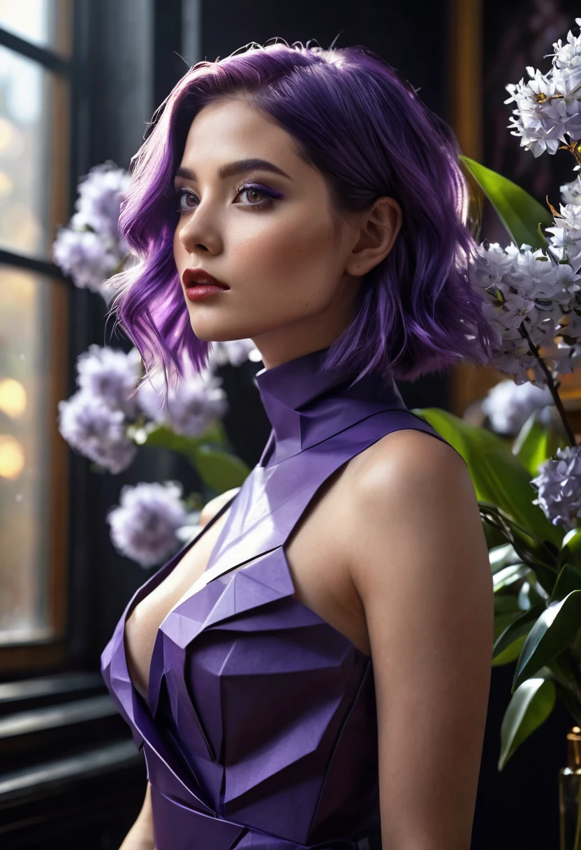 A woman, sensual, she is an adult, straight purple lob hair, (((a woman with purple 1.7)))(((very beautiful))), , perfect face, she is surrounded by white flowers made of origami paper in the room, dark and cold palette, black leather dress that fits her body, yellow eyes, 8K, lips with strong lipstick, lip piercing, beautiful breasts, extremely detailed, (high quality, realistic, photorealistic: 1.37), ideal proportions and detailed and defined skin, meticulously crafted features, unapproachable beauty, perfection, artistic art, vivid realism, hyper-detailed sculpting, realistic shapes, truly inspiring, impeccable craftsmanship, serious facial expression, pure brilliance, ethereal beauty, delicate contours, striking poses, sublime beauty, subtle nuances, dynamic compositions, vibrant colors, perfect lighting, moving expressions, heavenly aura, majestic presence, dreamlike atmosphere, unmatched high level of detail, high-octane rendering in artstation, 8k art photography, photorealistic concept art, volumetric cinematic soft natural light, chiaroscuro, award winning photography, fine art, oil on canvas, bea