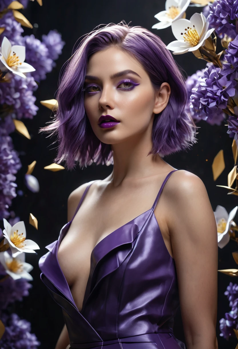 A woman, sensual, she is an adult, straight purple lob hair, (((a woman with purple 1.7)))(((very beautiful))), , perfect face, she is surrounded by white flowers made of origami paper in the room, dark and cold palette, black leather dress that fits her body, yellow eyes, 8K, lips with strong lipstick, lip piercing, beautiful breasts, extremely detailed, (high quality, realistic, photorealistic: 1.37), ideal proportions and detailed and defined skin, meticulously crafted features, unapproachable beauty, perfection, artistic art, vivid realism, hyper-detailed sculpting, realistic shapes, truly inspiring, impeccable craftsmanship, serious facial expression, pure brilliance, ethereal beauty, delicate contours, striking poses, sublime beauty, subtle nuances, dynamic compositions, vibrant colors, perfect lighting, moving expressions, heavenly aura, majestic presence, dreamlike atmosphere, unmatched high level of detail, high-octane rendering in artstation, 8k art photography, photorealistic concept art, volumetric cinematic soft natural light, chiaroscuro, award winning photography, fine art, oil on canvas, bea