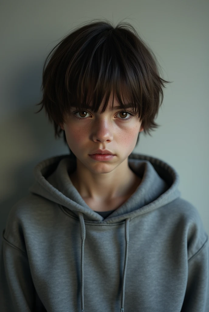 teenage boy, Russian ethnicity, eyes browns, wearing a gray sweatshirt, wearing a gray hood on his head, with bangs covering a little of the face, with a face without facial expression. higher quality// best result//.